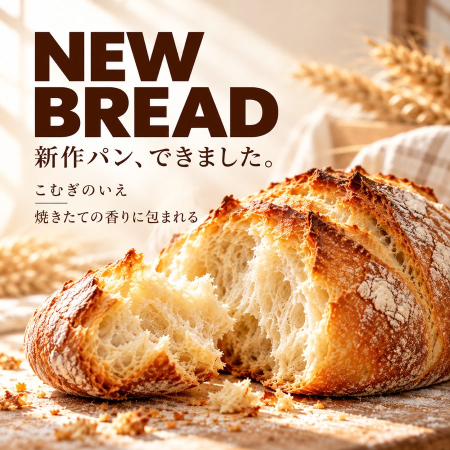 架空のベーカリー「こむぎのいえ」の正方形バナー。割ったパンの写真に「NEW BREAD 新作パン、できました。」