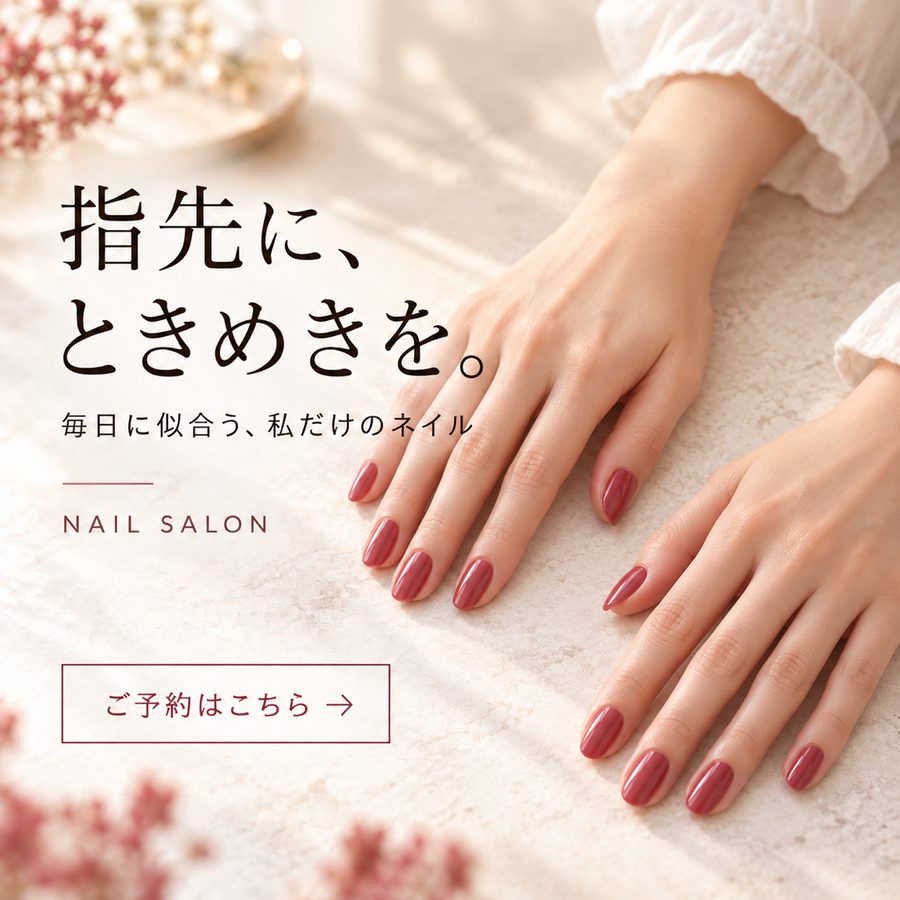 ネイルサロンの正方形バナー。赤いネイルの手元の写真に「指先に、ときめきを。」のコピー
