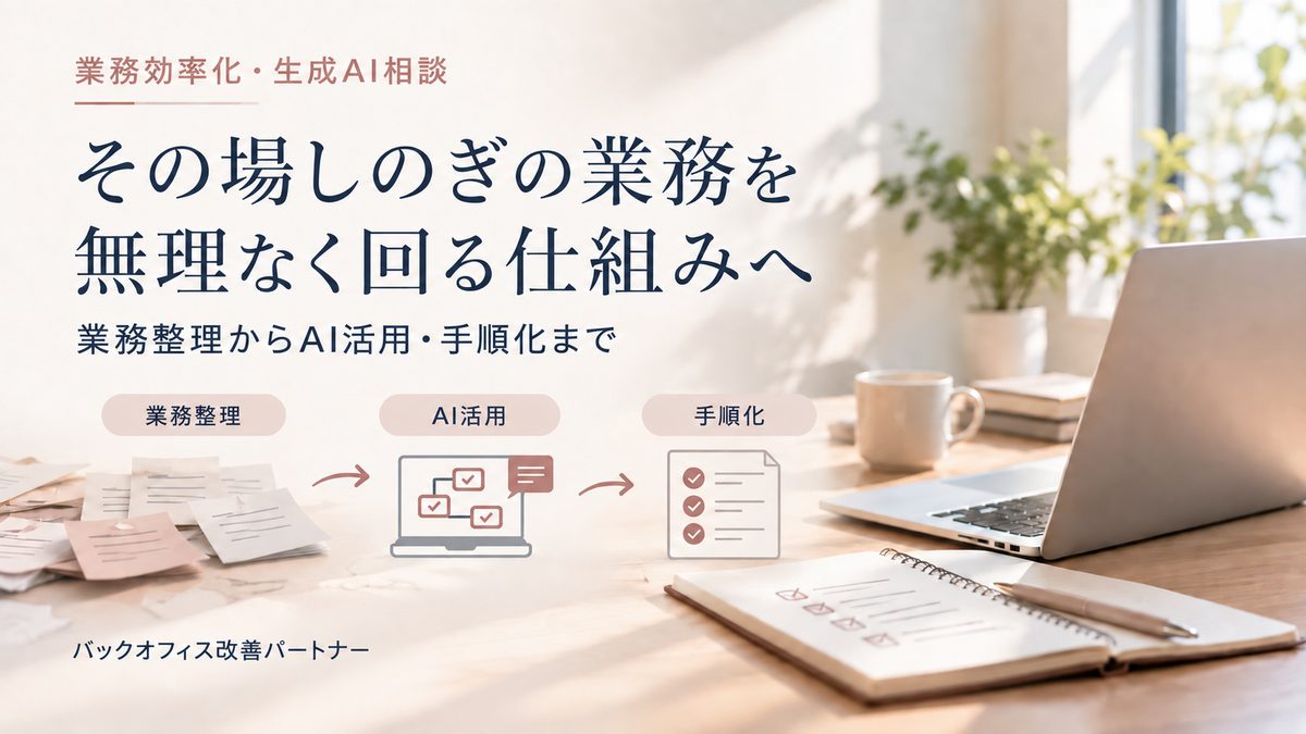 業務効率化・生成AI相談のサービス紹介画像。「その場しのぎの業務を無理なく回る仕組みへ」の見出しと3つの流れの図